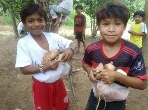 Dois meninos Guarani sorrindo enquanto seguram batatas na barra da camiseta.