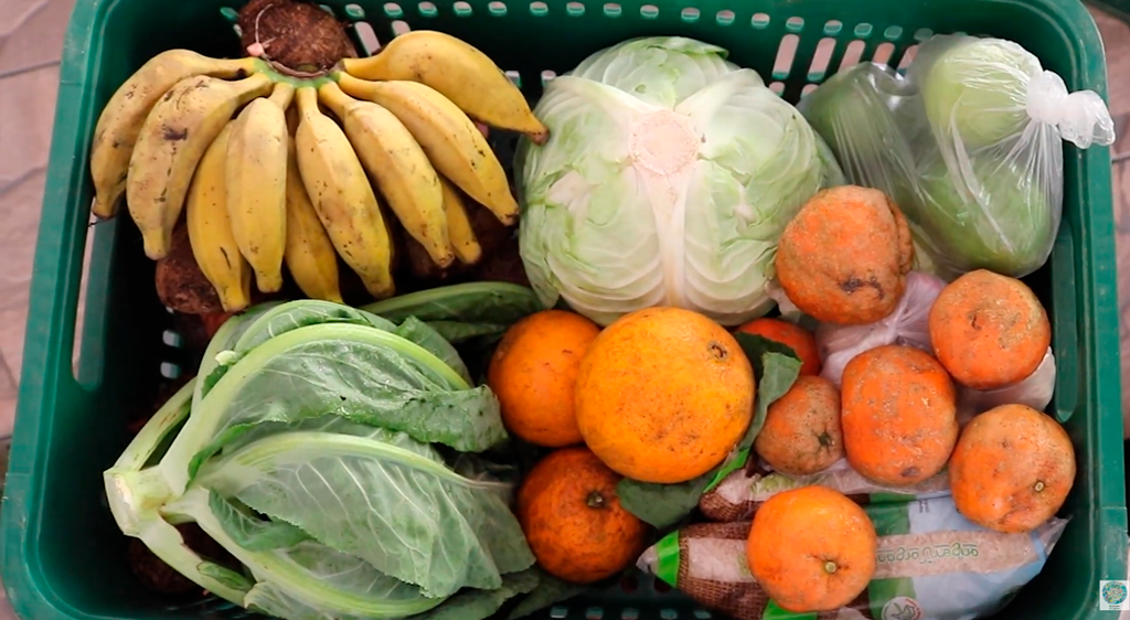 Foto da composição da cesta agroecológica do grupo de major gercino. Foto aére de uma caixa de feira repleta de furtas, legumes e folhosas.