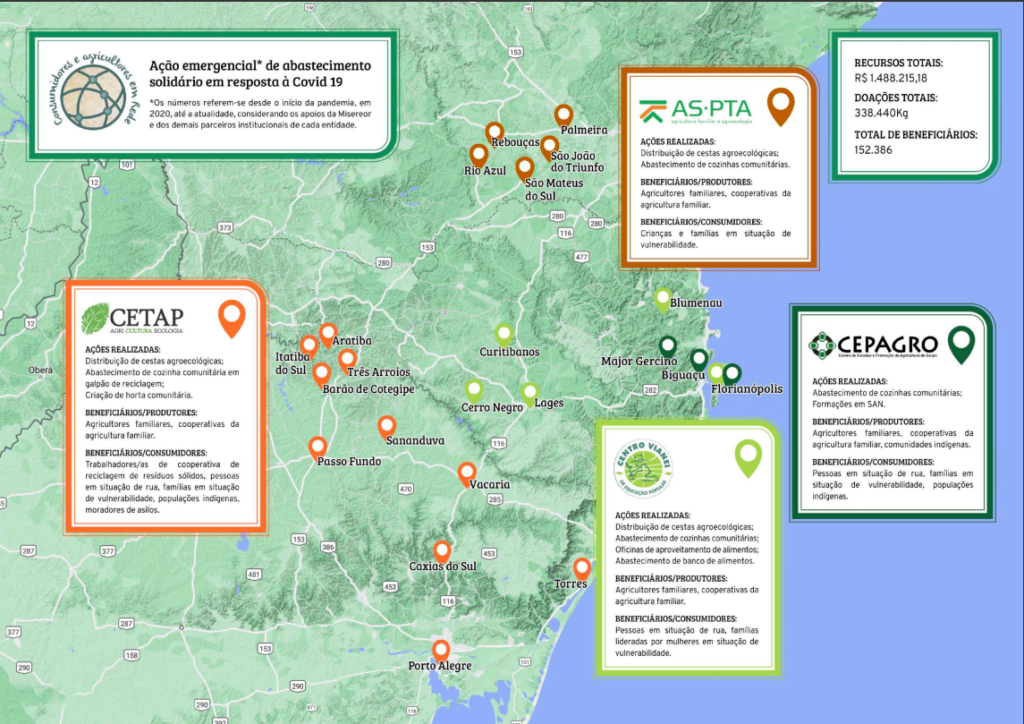 imagem é parte do Boletim Especial “Ação Covid” 2020-2023 e retrata o mapa da região sul do Brasil indicando onde foram realizadas algumas das iniciativas de abastecimento alimentar.